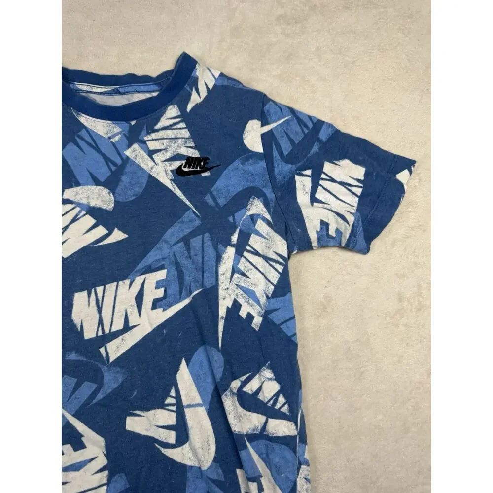 Nike Boys XL Blue All Over Logo Graphic T Shirt Swoosh Sportswear